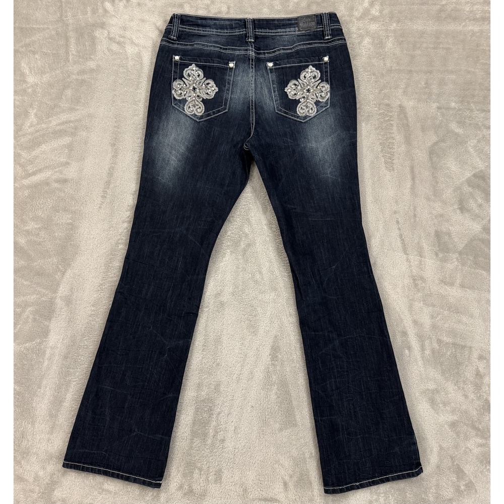 Love Nation Jeans Womens 12 Dark Blue Bootcut Embellished Thick Stitch Stretch